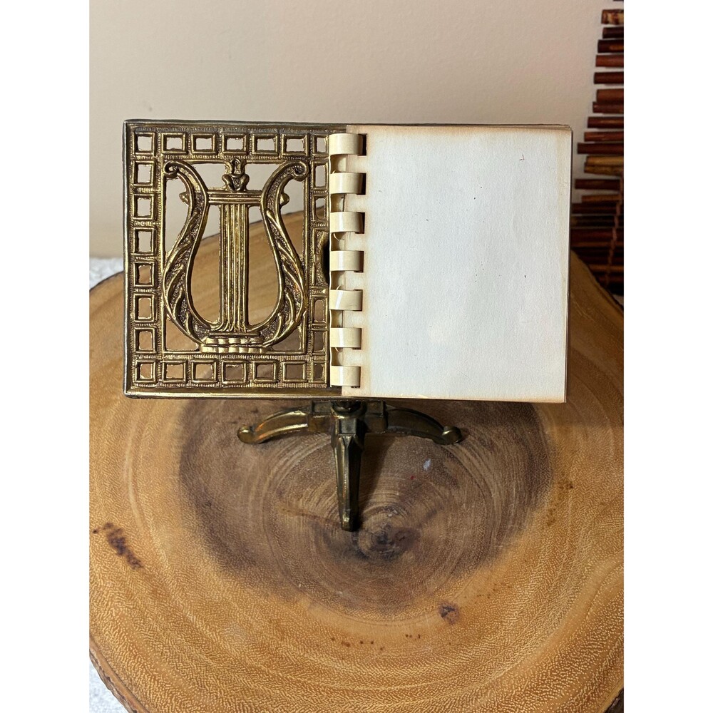 Vintage Brass Miniature Music Stand Photo Holder, Lyre Harp Motif, Mid Century